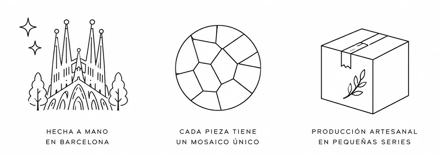 Producción artesanal en pequeñas series. Hecho a mano en Barcelona Cada pieza tiene un mosaico único. Cada pieza tiene un mosaico 