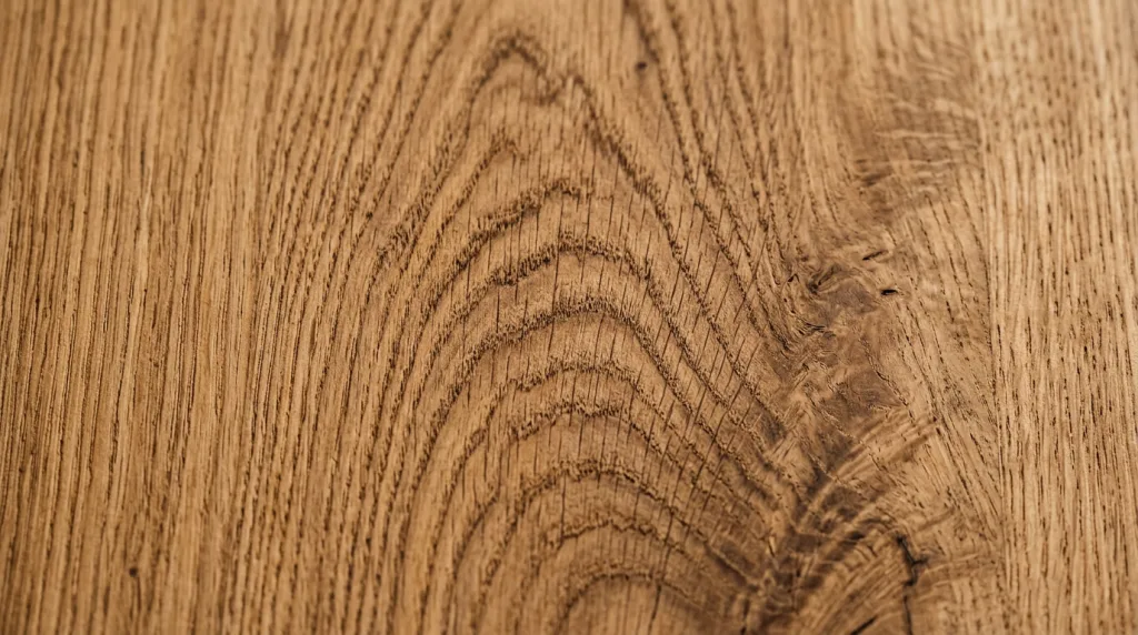 Close-up view of detailed natural oak wood grain with knots and texture